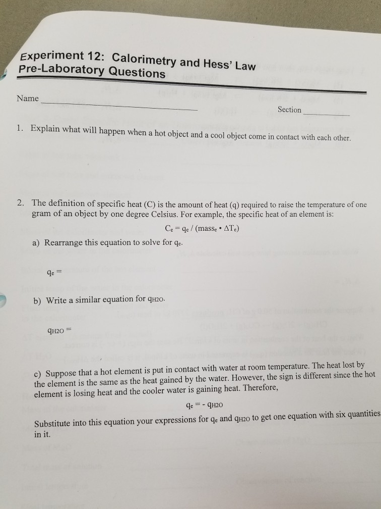 Solved Experiment 12 Calorimetry and Hess' Law