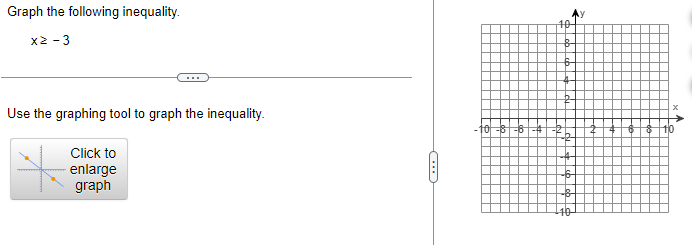 Graph the following inequality.
\[
x \geq-3
\]
Use the graphing tool to graph the inequality.