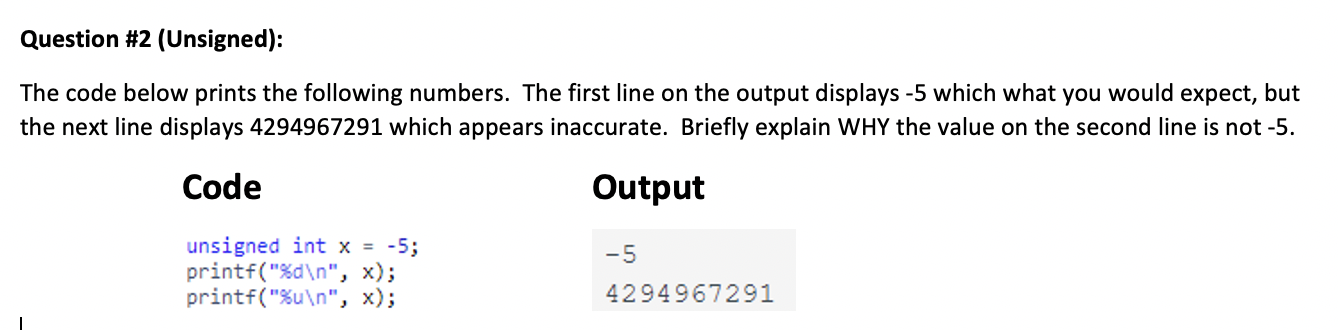 Solved Question #2 (Unsigned): The code below prints the | Chegg.com