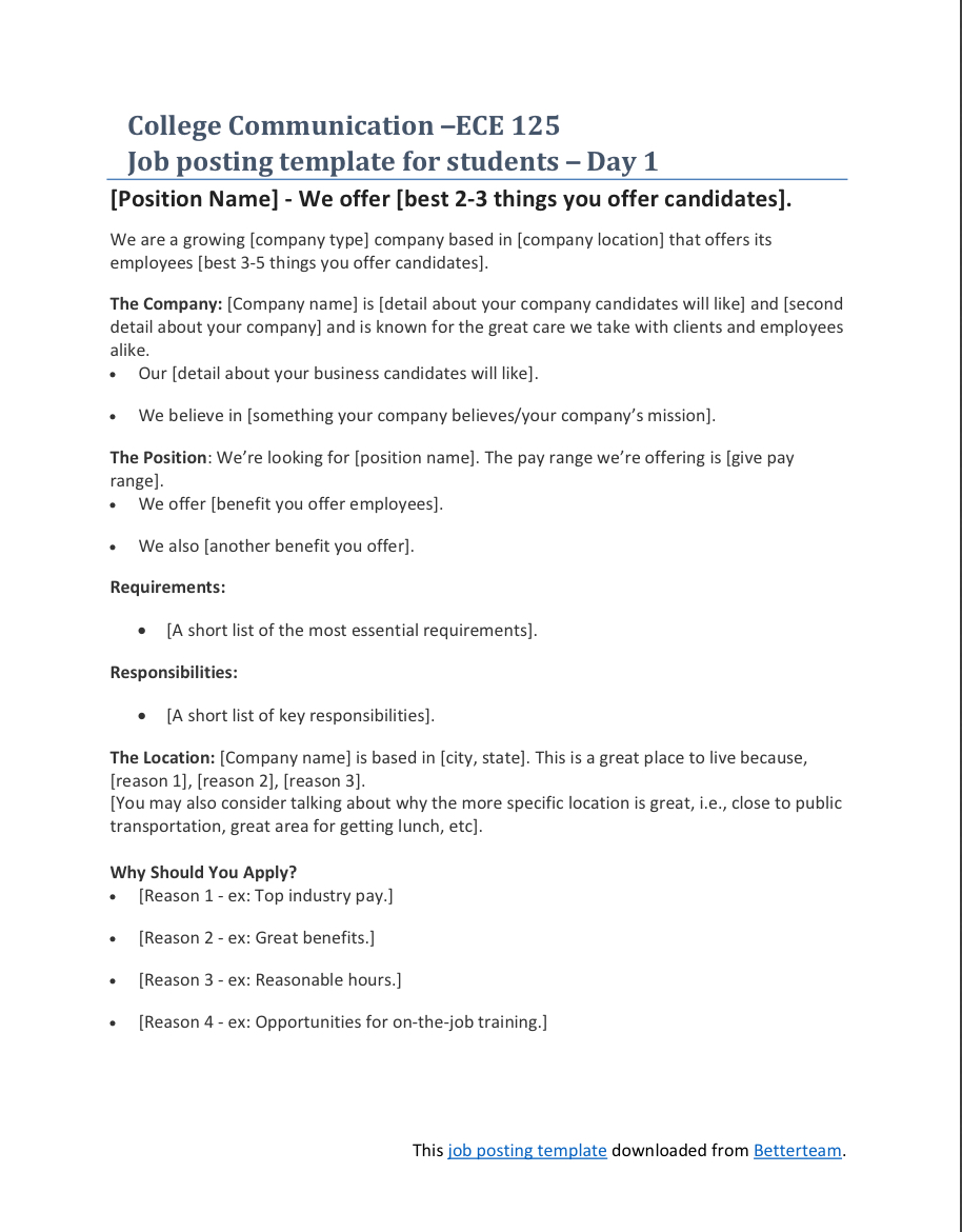 Solved College Communication -ECE 125 Make a Job Posting | Chegg.com