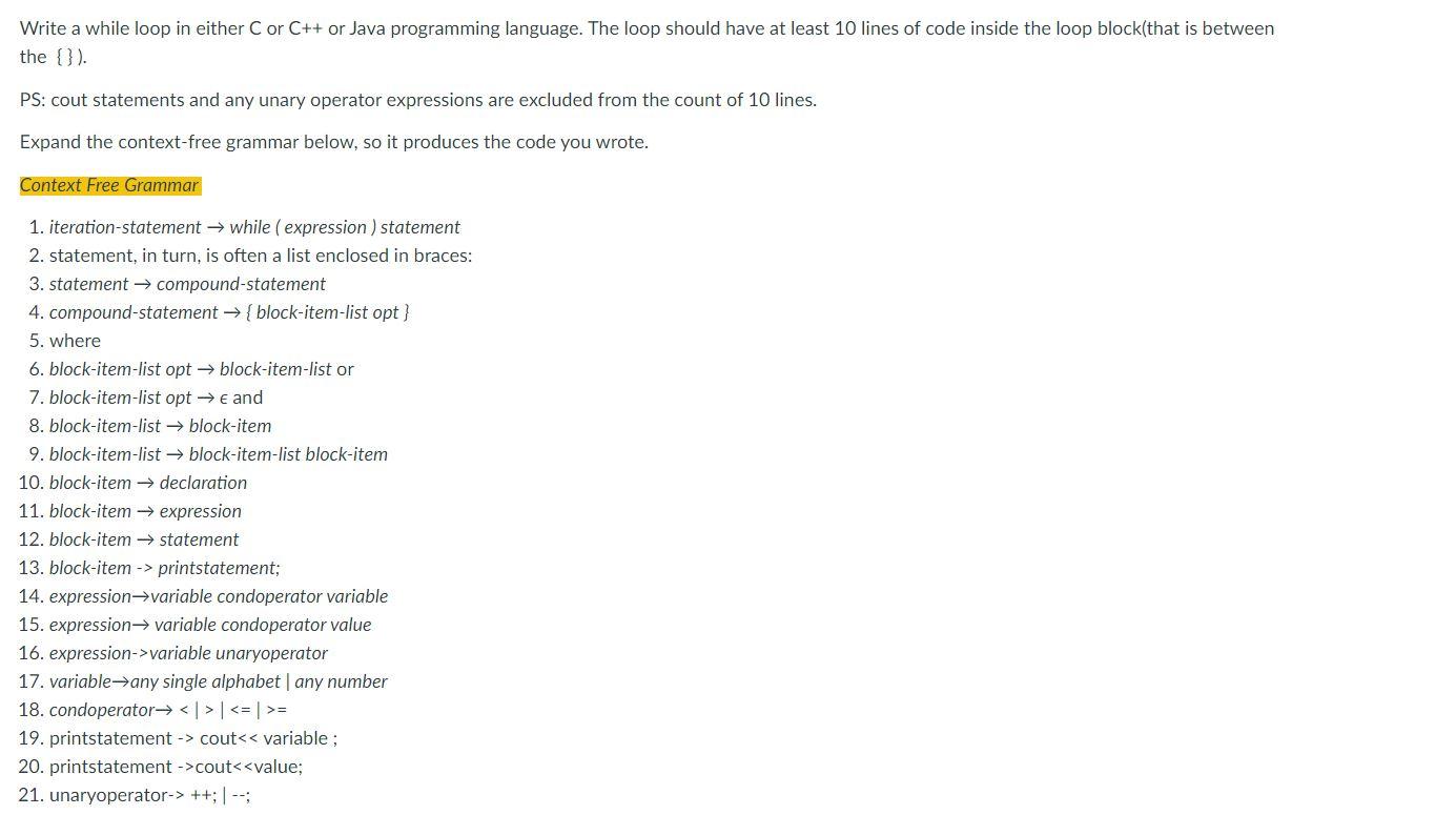 Solved Write a while loop in either C or C++ or Java | Chegg.com