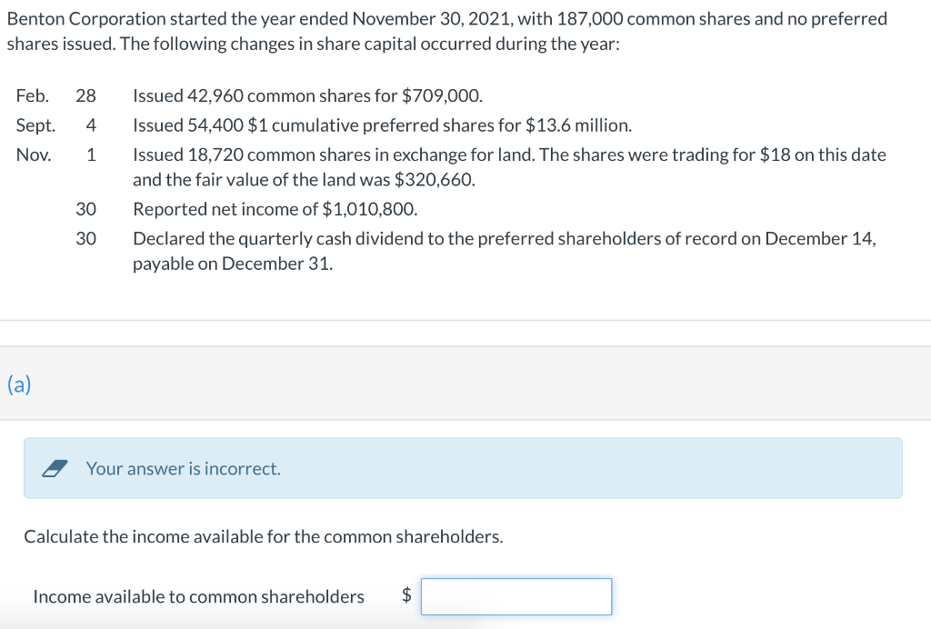 Solved Benton Corporation started the year ended November | Chegg.com