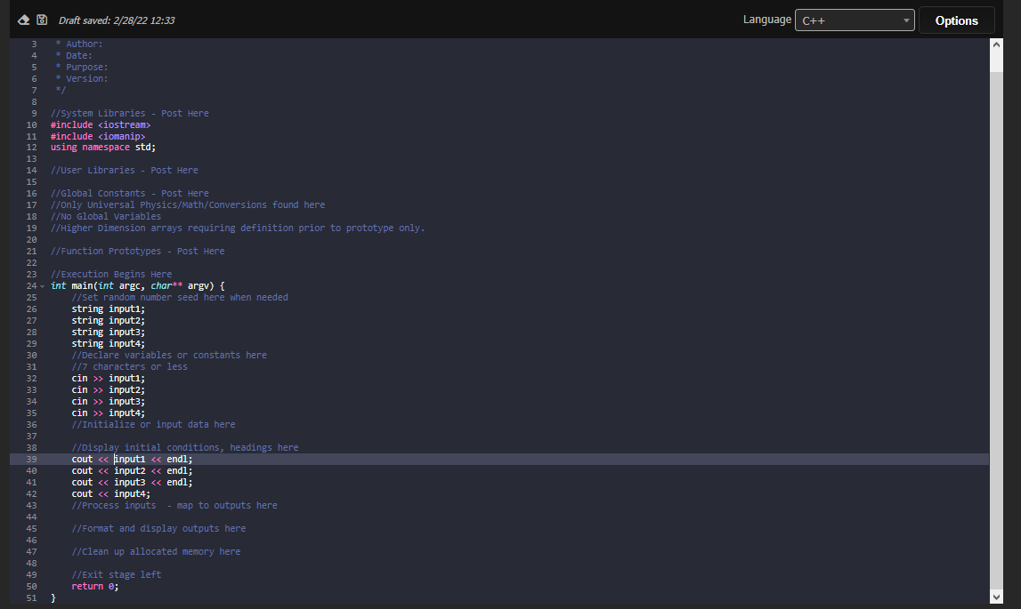 Solved Draft saved: 2/28/22 12:33 : Language C++ Options 3 * | Chegg.com