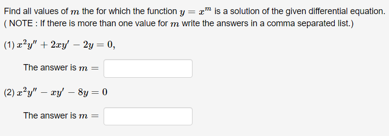 Solved Find All Values Of M The For Which The Function Y=xm 