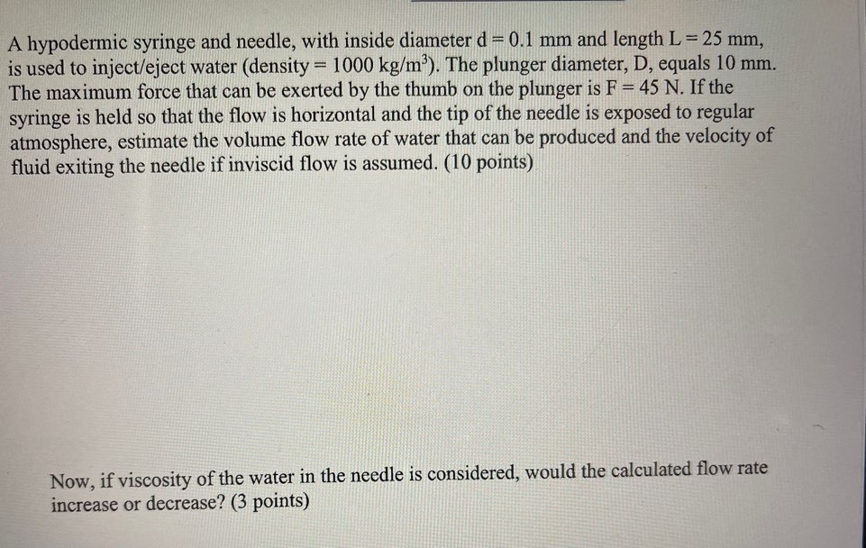 Solved A hypodermic syringe and needle, with inside diameter