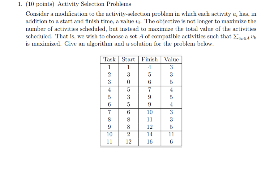 Solved 1. (10 points) Activity Selection Problems Consider a | Chegg.com