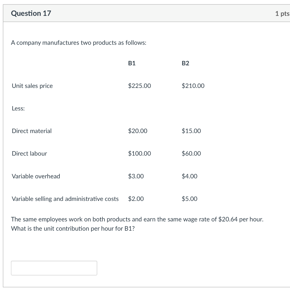 Solved Question 17 1 pts A company manufactures two products | Chegg.com