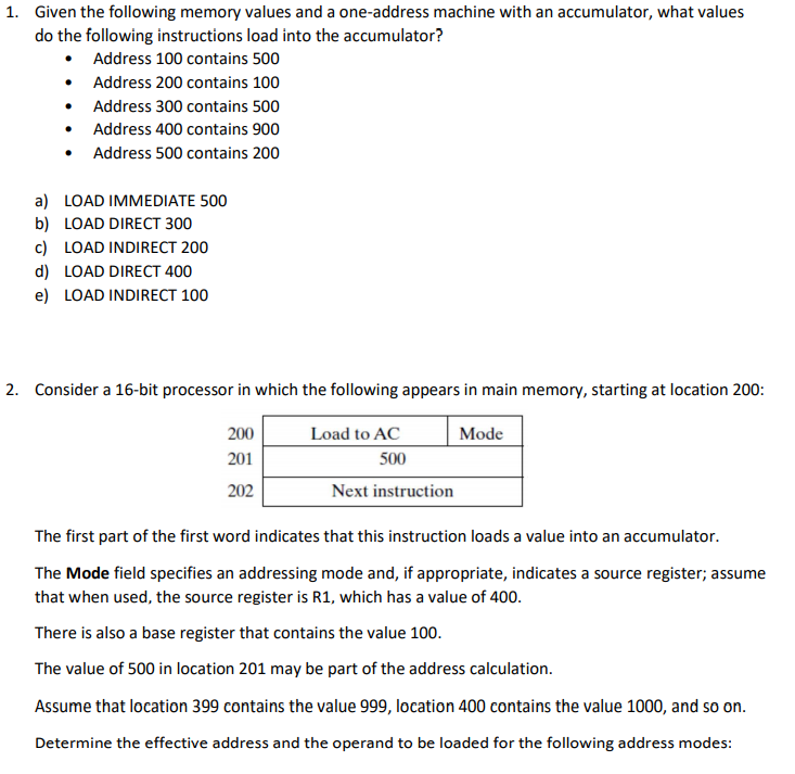 Solved 1. Given The Following Memory Values And A | Chegg.com | Chegg.com