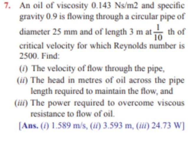 Solved 7. An oil of viscosity 0.143 Ns/m2 and specific | Chegg.com
