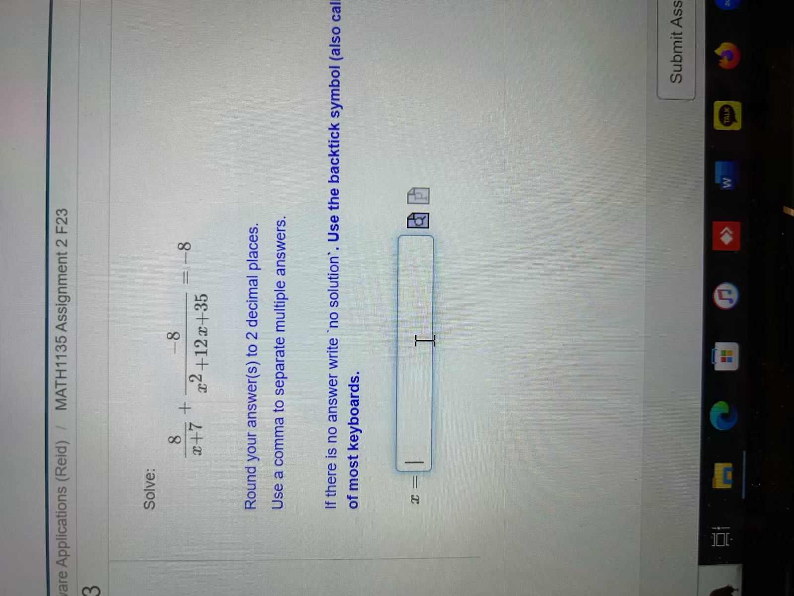 Solved Solve: x+78+x2+12x+35−8=−8 Round your answer(s) to 2 | Chegg.com