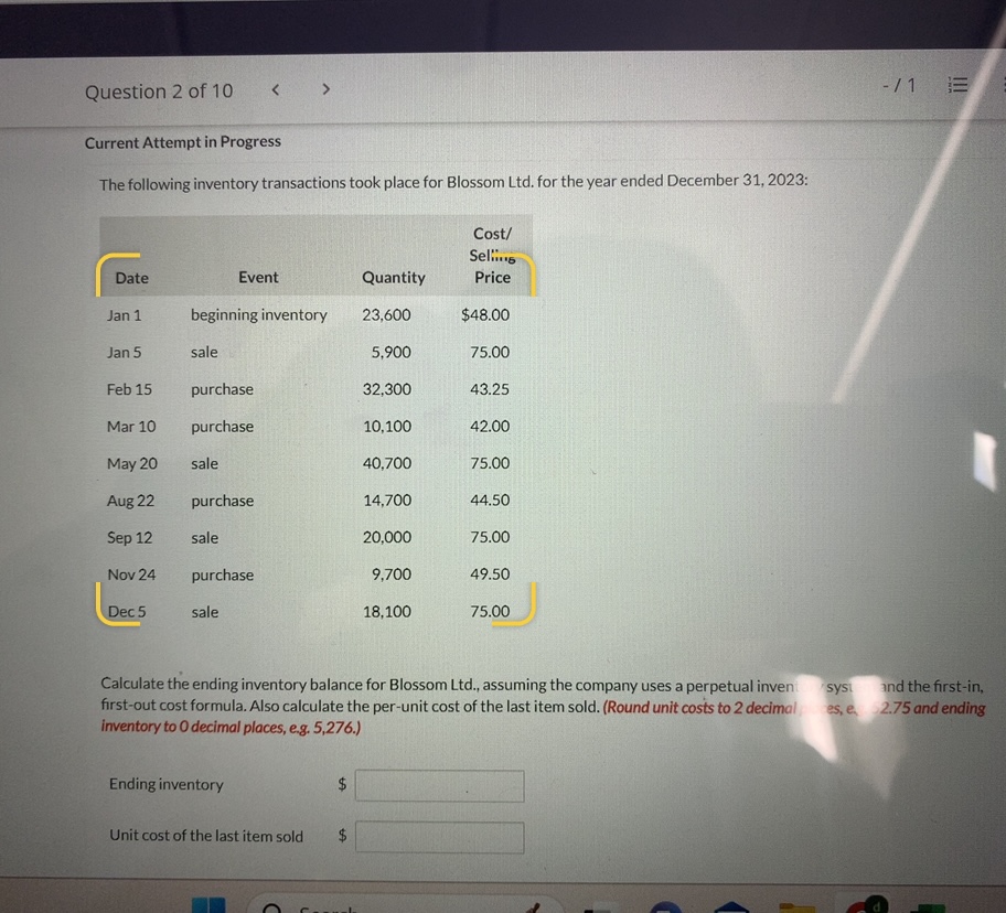 Solved The Following Inventory Transactions Took Place For | Chegg.com