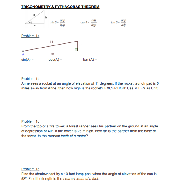 Solved TRIGONOMETRY & PYTHAGORAS THEOREM ad) opp sin - cos | Chegg.com