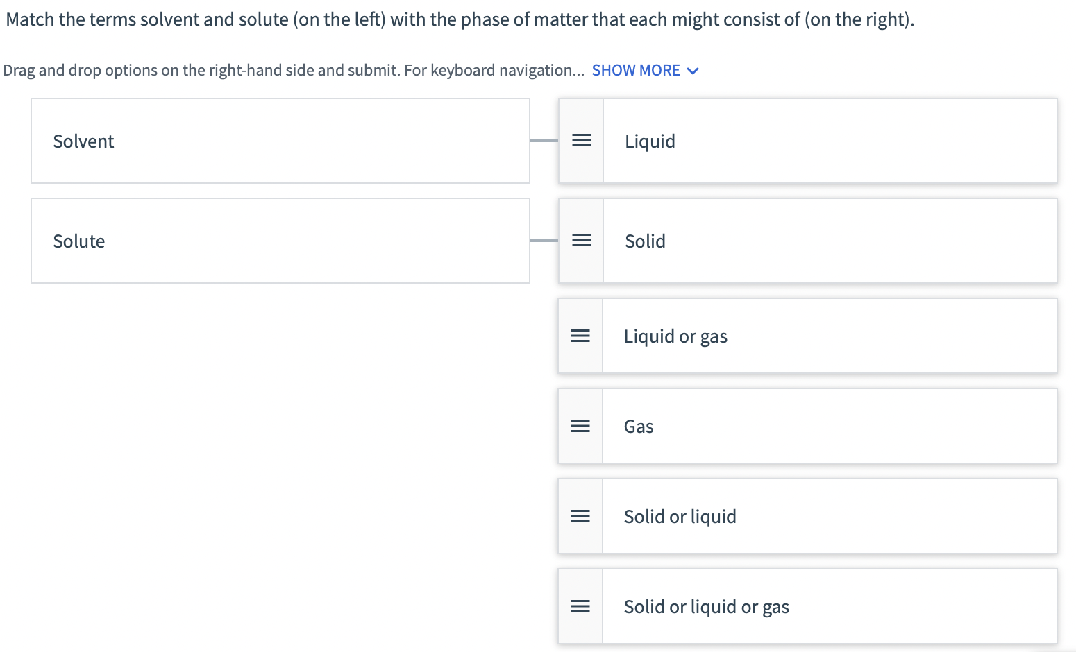 Solved Match the terms solvent and solute (on the left) with | Chegg.com
