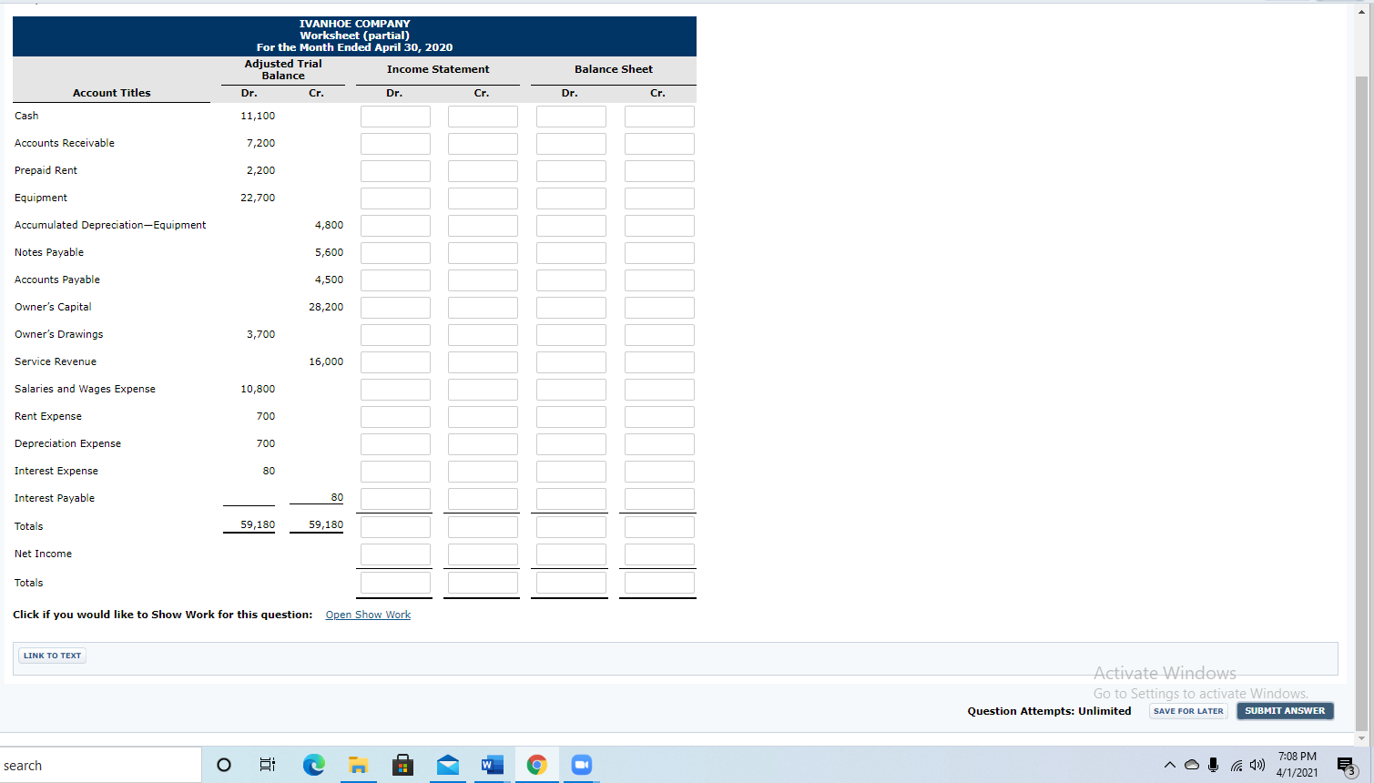 Solved IVANHOE COMPANY Worksheet (partial) For the Month | Chegg.com