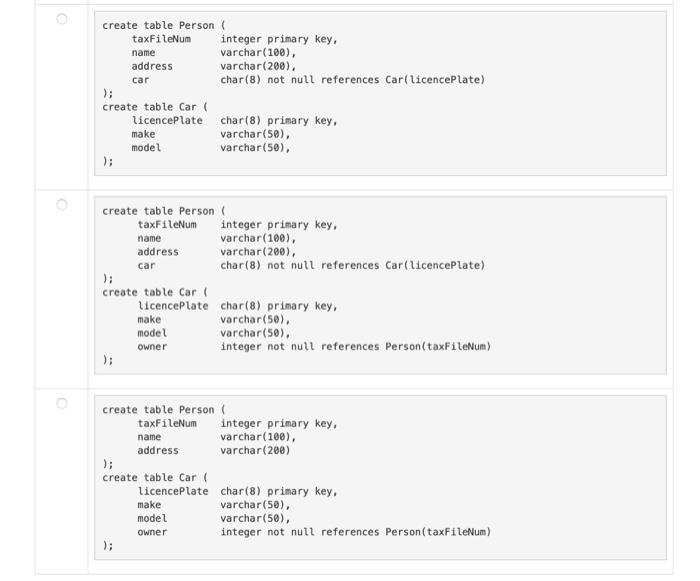 Solved Which of the SQL schemas below most accurately | Chegg.com