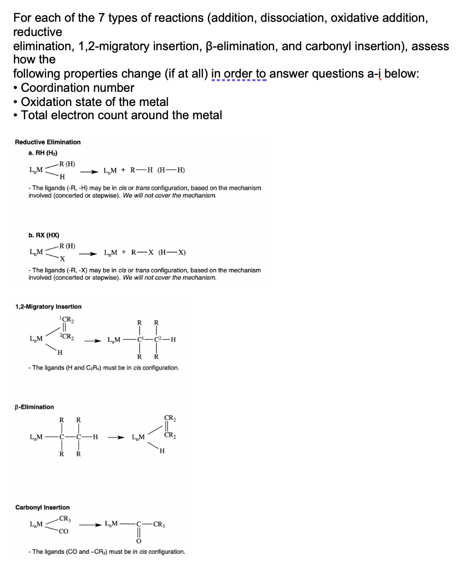 For each of the 7 types of reactions (addition, dissociation, oxidative addition,
reductive
elimination, 1,2-migratory insert