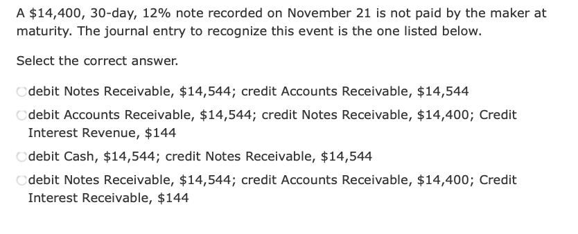 Solved A $14,400, 30-day, 12% note recorded on November 21 | Chegg.com