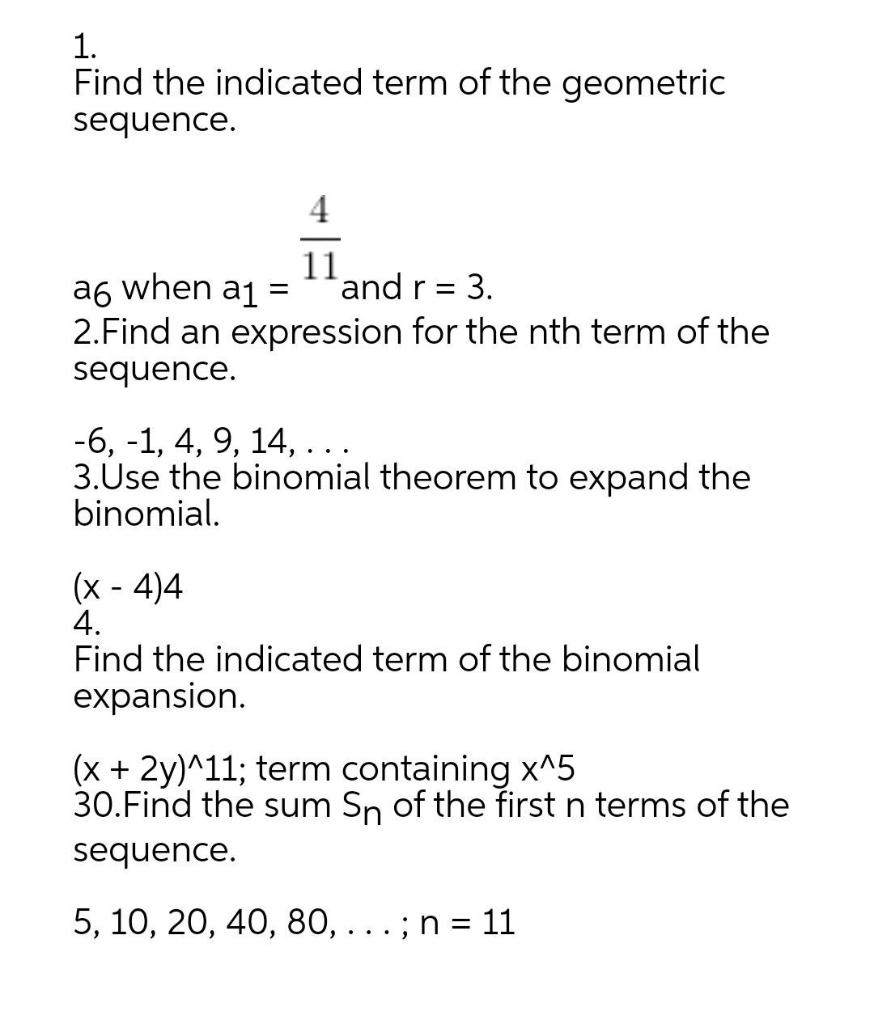 Solved 1. Find the indicated term of the geometric sequence. | Chegg.com