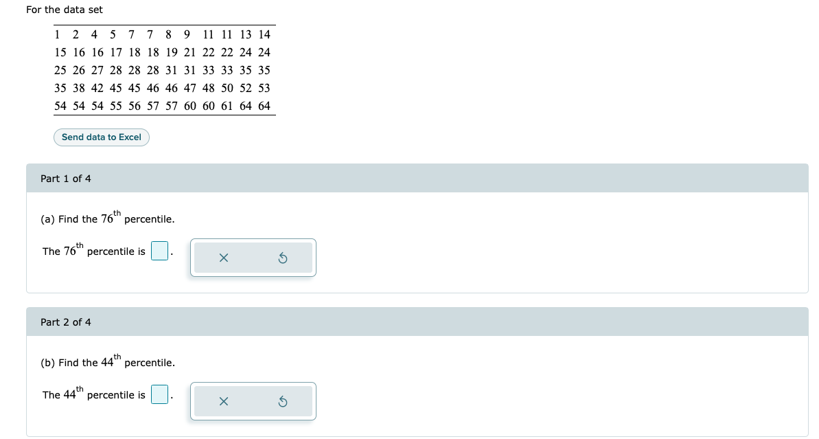Solved For the data set Part 1 of 4 (a) Find the 76th | Chegg.com