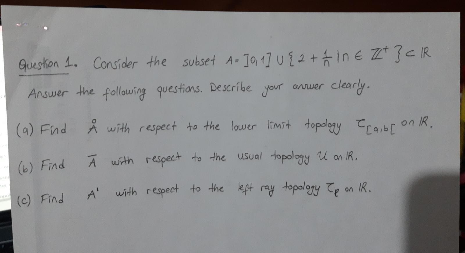 Solved Question 1. Consider the subset A-]0, 1] u{2+1h 10 € | Chegg.com