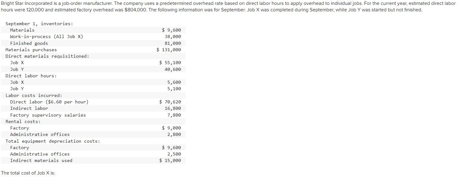 Solved Bright Star Incorporated is a joborder manufacturer.