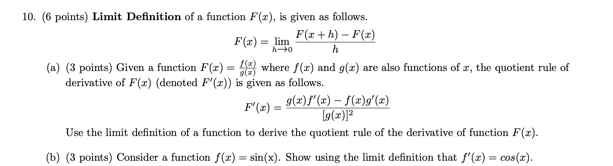 Solved 10. (6 points) Limit Definition of a function F(x), | Chegg.com