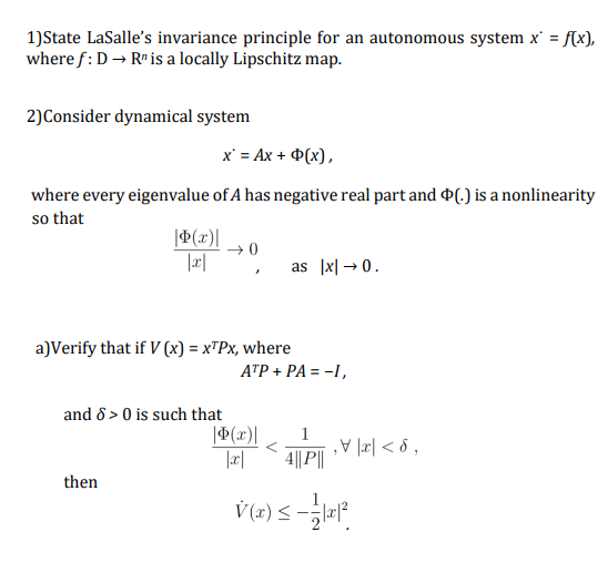 1 State Lasalle S Invariance Principle For An Auto Chegg Com