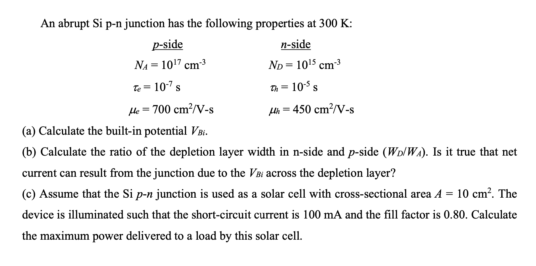 Solved An abrupt Si p-n junction has the following | Chegg.com