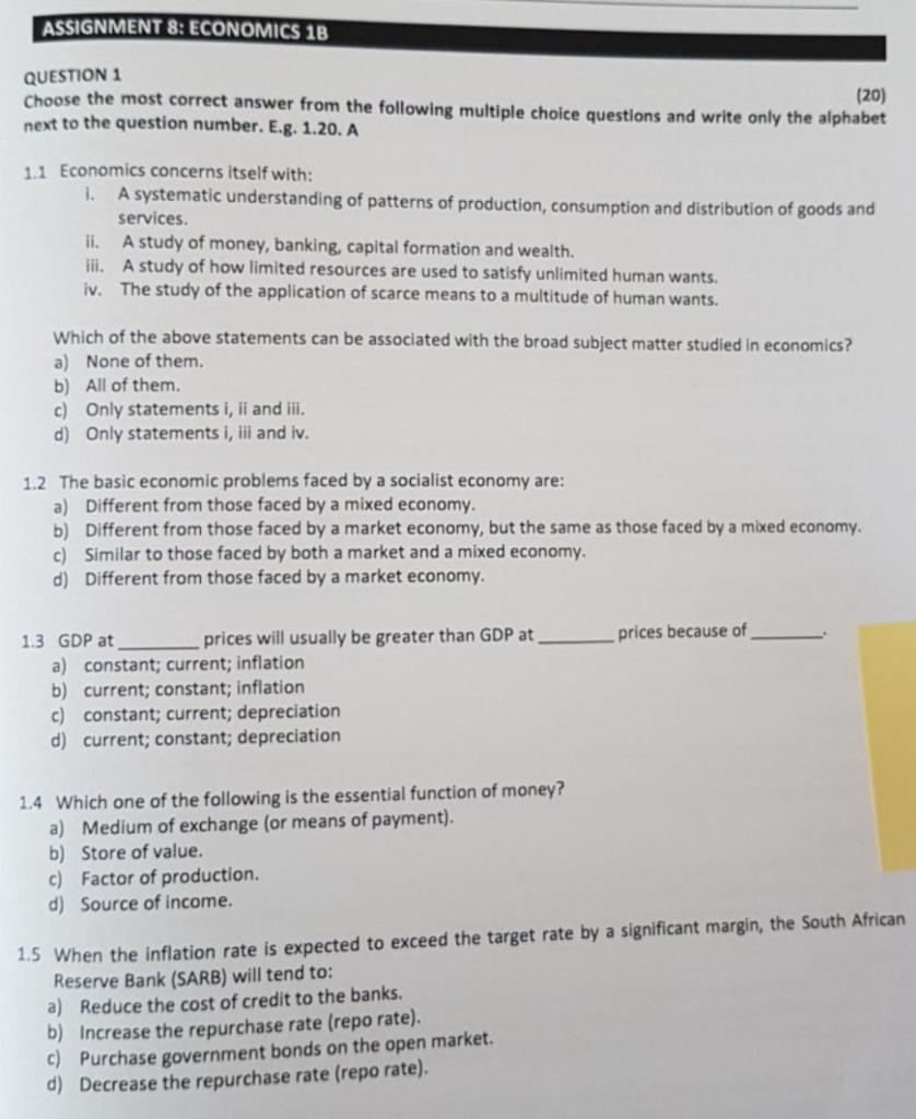 Solved ASSIGNMENT 8: ECONOMICS 1B QUESTION 1 Choose The Most | Chegg.com