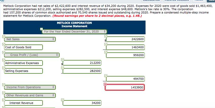 Solved B Metlock Corporation Had Net Sales Of $2,422,600 And | Chegg.com