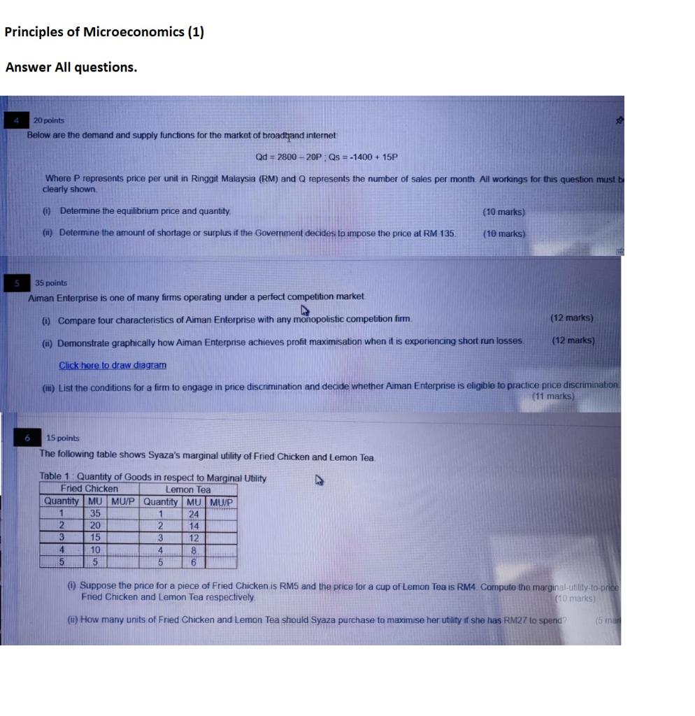 Solved Principles Of Microeconomics (1) Answer All | Chegg.com