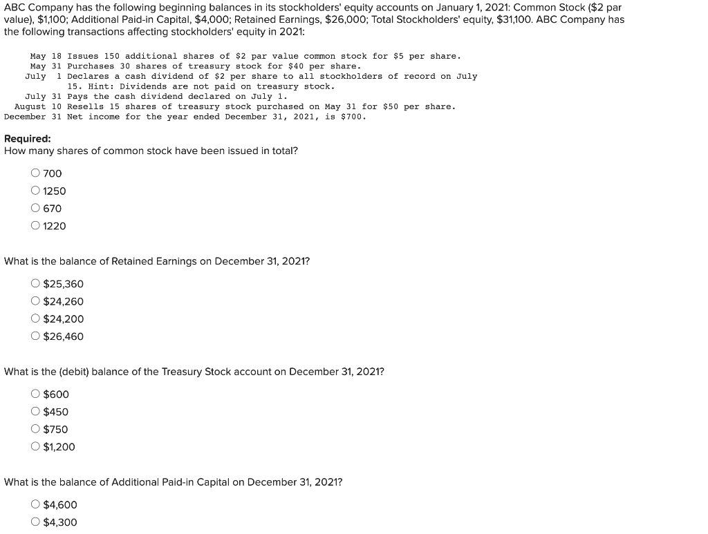 Solved ABC Company Has The Following Beginning Balances In | Chegg.com