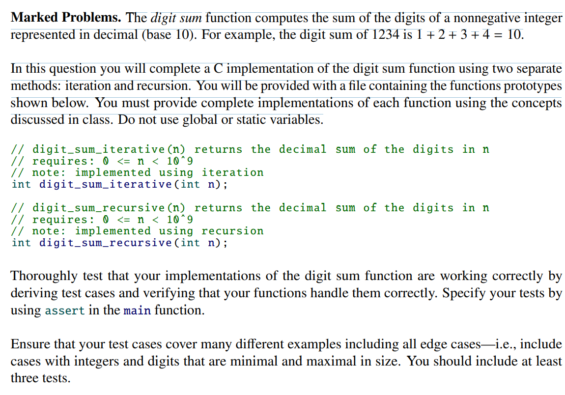 Solved Marked Problems. The digit sum function computes the | Chegg.com
