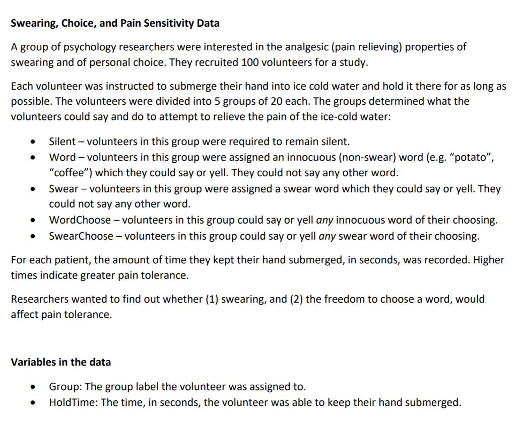 Solved Swearing, Choice, and Pain Sensitivity Data A group | Chegg.com