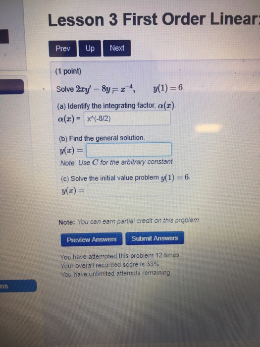 Solved Lesson 3 First Order Linear Prev Up Next (1 point) | Chegg.com