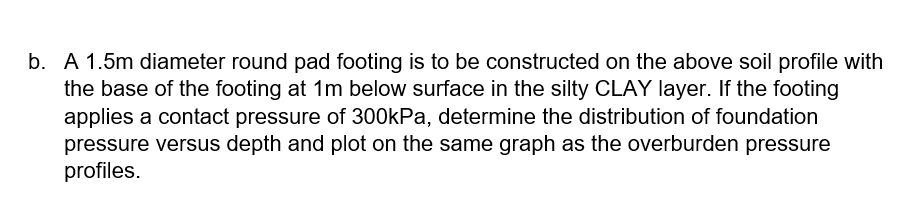 A \( 1.5 \mathrm{~m} \) diameter round pad footing is to be constructed on the above soil profile with the base of the footin