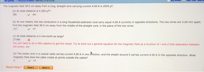 Solved The magnetic field 39.0 cm away from a long, straight | Chegg.com