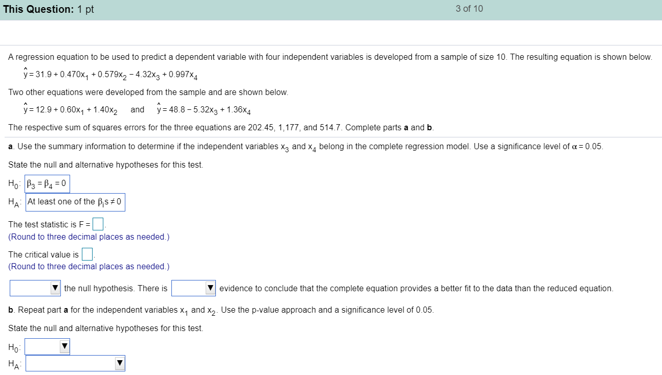 Solved This Question: 1 pt 3 of 10 A regression equation to | Chegg.com