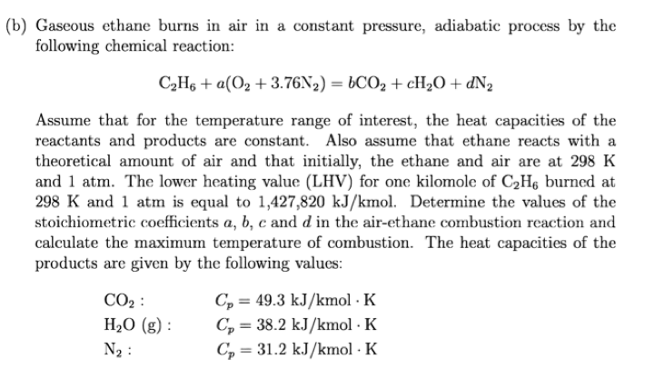 Gaseous ethane burns in air in a constant pressure, | Chegg.com