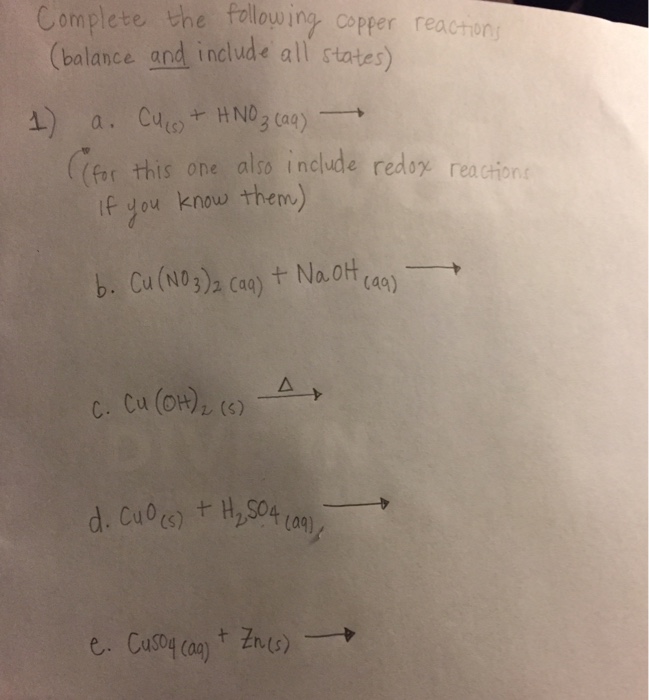 Solved Complete The Following Copper Reactions Balance And