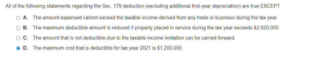 Solved the following statements regarding the Sec. 179 | Chegg.com