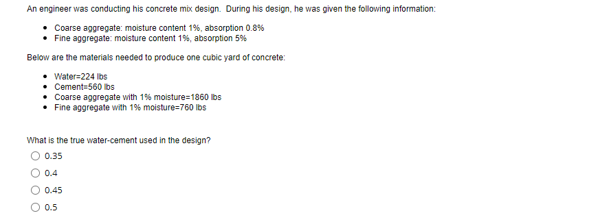 Solved An engineer was conducting his concrete mix design. | Chegg.com