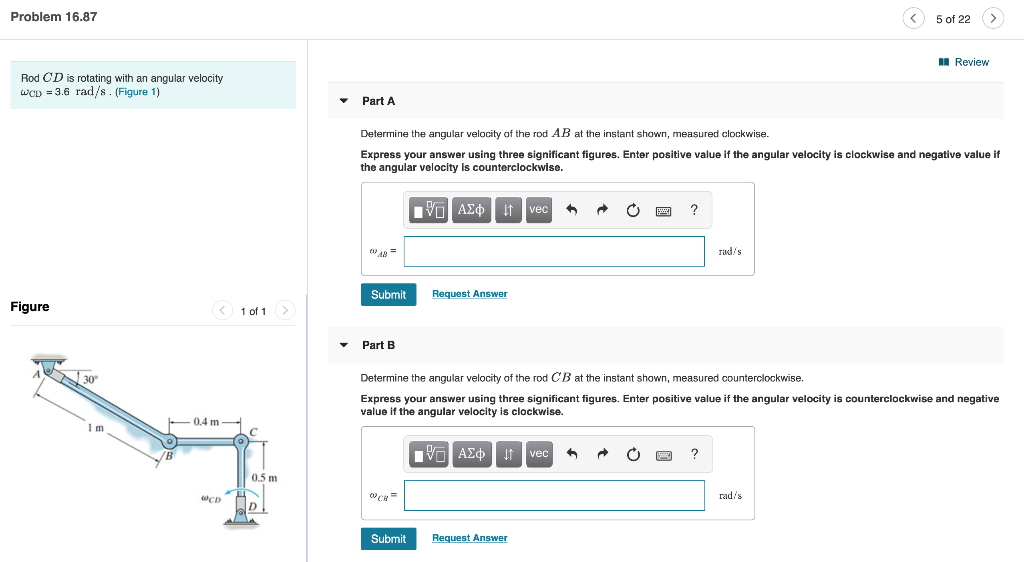 Solved Problem 16.87 5 of 22 I Review Rod CD is rotating | Chegg.com