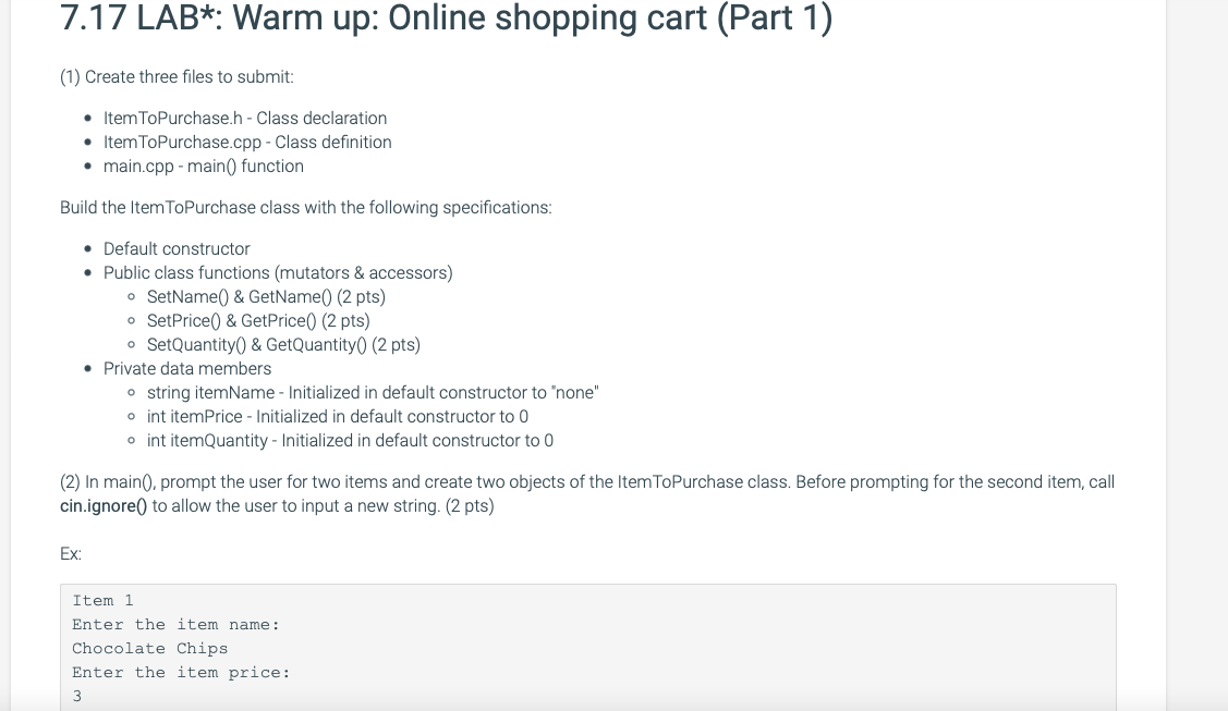 Solved 7.17 LAB*: Warm up: Online shopping cart (Part 1) (1) | Chegg.com