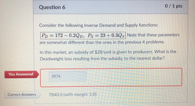Solved 0/ 1 pts Question 6 Consider the following Inverse | Chegg.com