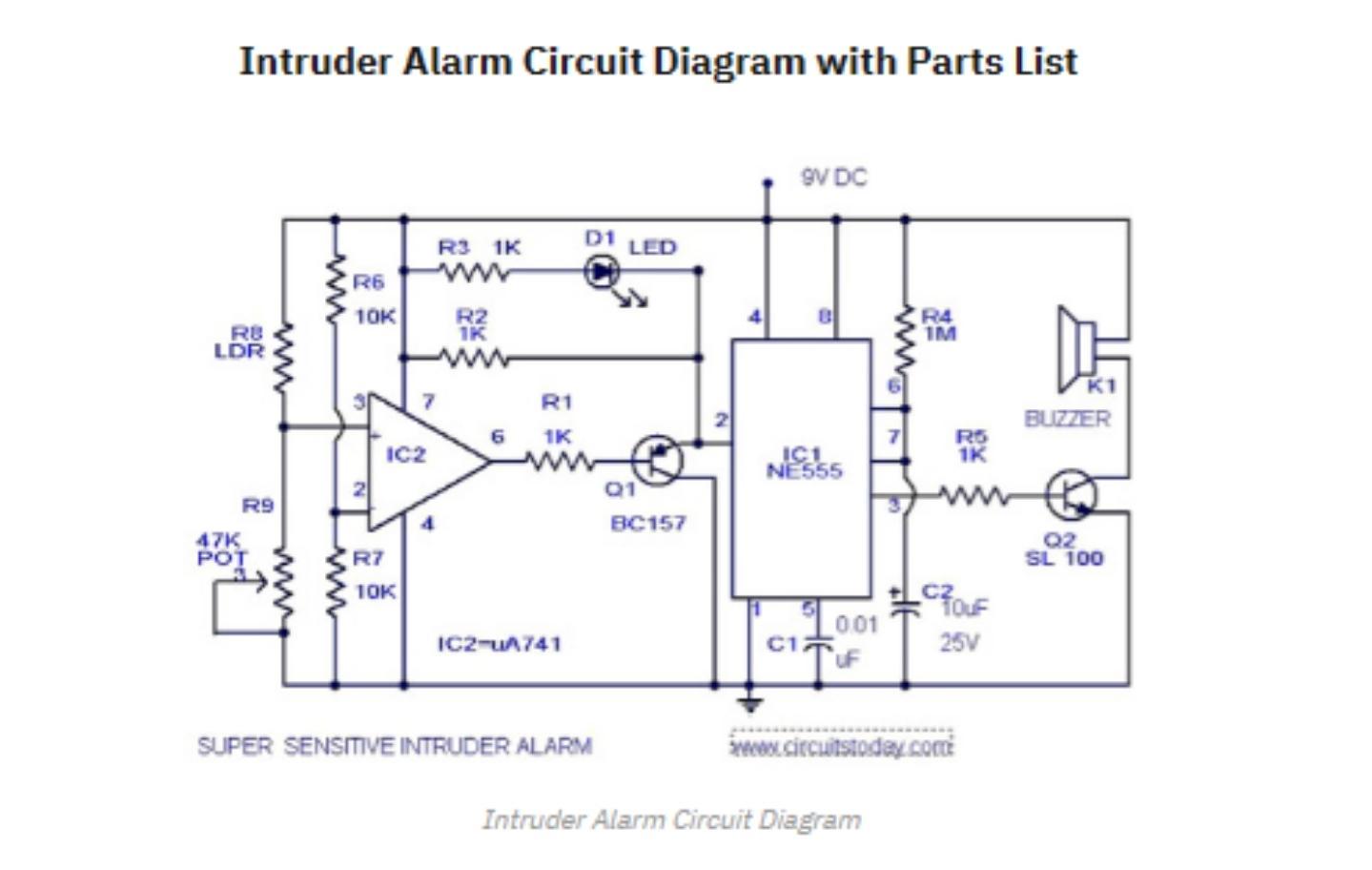 Solved Intruder Alarm Circuit Diagram with Parts List