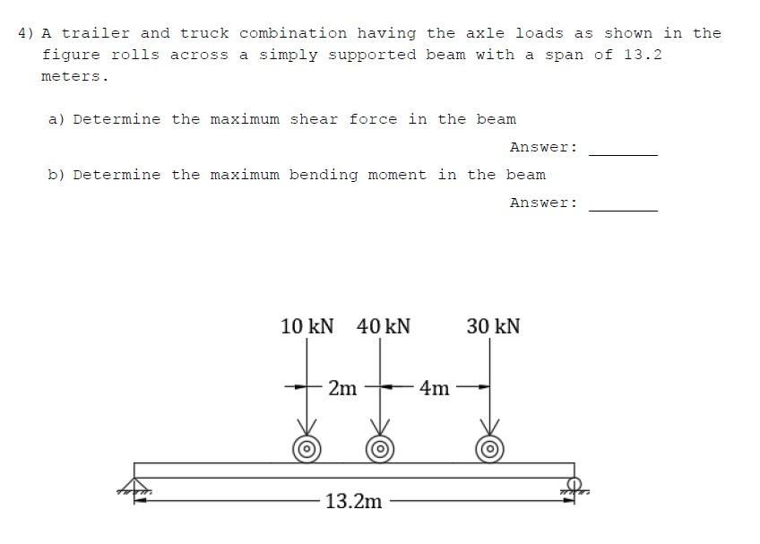 4) A trailer and truck combination having the axle loads as shown in the
figure rolls across a simply supported beam with a s