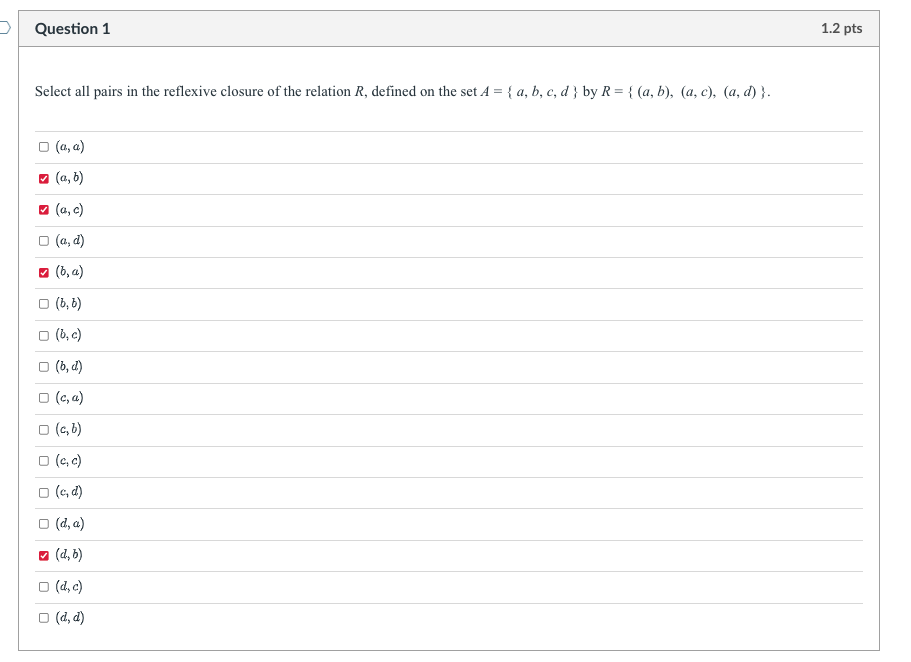 Solved Question 1 Select all pairs in the reflexive closure | Chegg.com