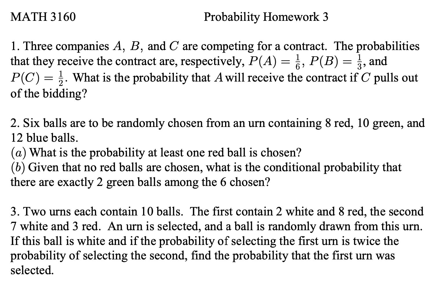 Solved MATH 3160 Probability Homework 3 = 1. Three companies | Chegg.com