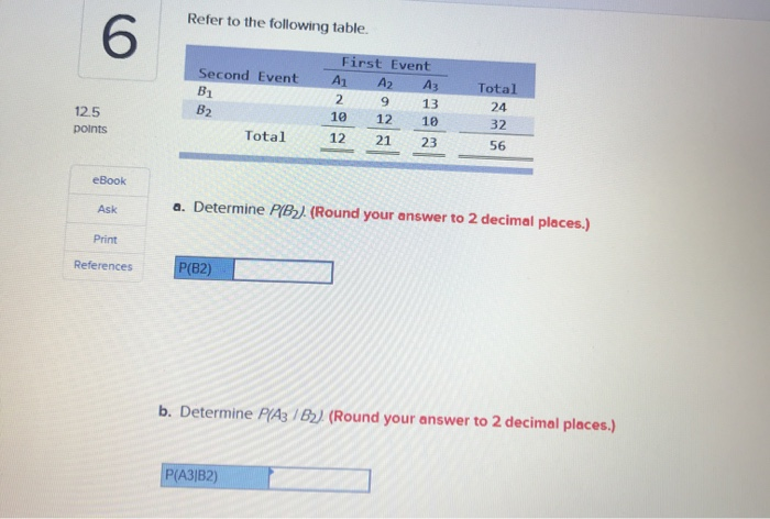 Solved Refer To The Following Table 6 First Event Second | Chegg.com